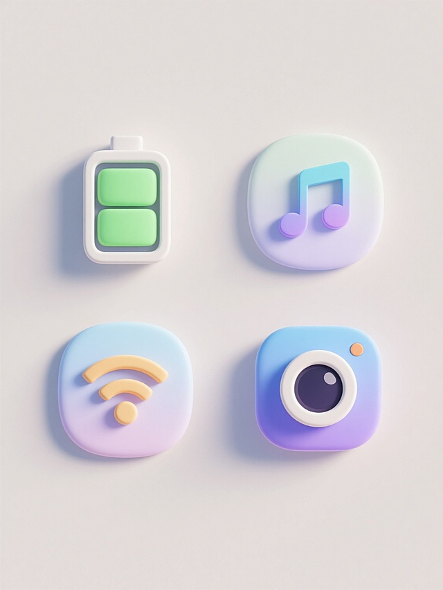 软3D风格设计，纯色背景，规整排布的四个完全不同元素内容的系列素材集合，包括电池图标、音符图标、WiFi图标、相机图标，每个图标都具有圆润的边角、柔和的渐变色彩和轻微的立体阴影效果，整体画面色彩变换为清新明亮的色调，保持元素类目的一致性和风格的统一性。