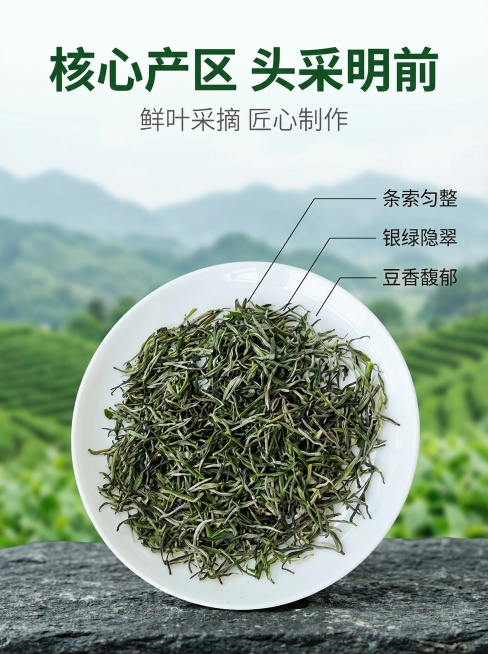 [主图 2] 头采明前绿茶核心卖点展示，氛围天然生机真实可信。画面元素：盘中的干茶茶叶主体居中，背景融入朦胧绿色茶园山峦，保留原有干茶形态和色泽。展示茶叶干茶条索紧细挺直银绿隐翠的细节。配色色系：主色预览效果