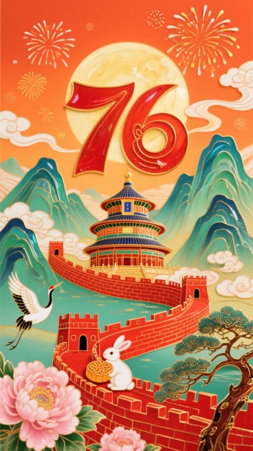 非遗珐琅工艺风格，红、橙、金暖色调，喜庆热烈节日氛围，竖版9:16构图。暖橙色天空背景点缀祥云和烟花，层叠青绿山峦，主体艺术化红色数字“76”融合天坛建筑，下方蜿蜒红色长城，搭配抱月饼的白兔、飞翔仙鹤预览效果