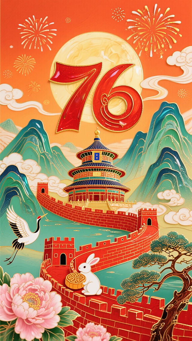 国潮风插画，融合剪纸与鎏金元素，以喜庆红橙为主调，展现中式建筑、祥云烟花与萌兔仙鹤，营造梦幻民族感。