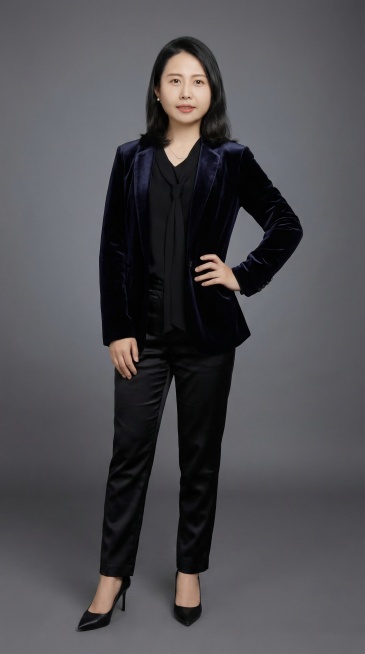 将图片扩展为全身照，添加下身为黑色缎面裤子，搭配黑色高跟鞋子，保持原图人物样貌和穿着风格，保持平视图视角，保持原来的灰色背景预览效果