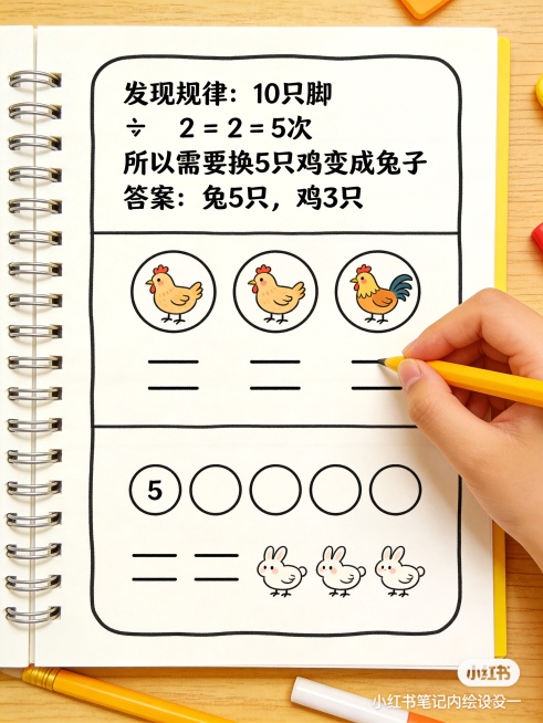 小红书笔记内页设计，和封面手绘风格统一，文字："发现规律：10只脚 ÷ 2 = 5次 所以需要换5只鸡变成兔子 答案：兔5只，鸡3只"，配图区域：绘制最终示意图：3个圆圈下面各画2条线，5个圆圈下面各预览效果