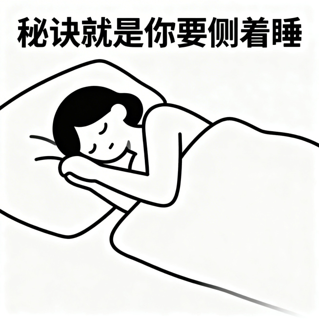 一张简约插画，画面中有一句文字“秘诀就是你要侧着睡”，搭配一个侧躺着睡觉的简约人物造型，风格干净清晰。预览效果
