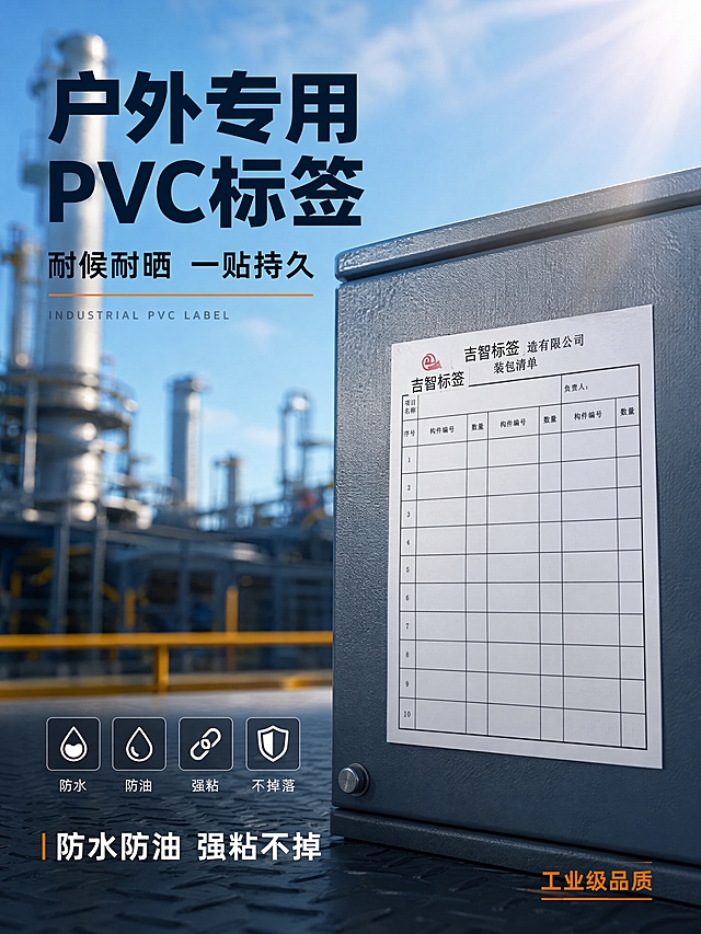 [第1张] 详情页头图-工业类PVC户外专用标签主视觉海报。本张使用【图1】作为商品主体。
[氛围/风格] 工业专业风，深蓝灰主调，硬朗大气，商业摄影质感。
[元素布局] 标签产品置于画面右侧中部，占比约50%，标签贴于工业金属面板上；左侧为标题区；背景为户外工业设备场景虚化处理，有阳光照射效果突出户外属性；前景有细微金属纹理台面。
[光影质感] 右上方主光模拟阳光照射，标签表面有自然高光，左下有柔和投影，整体明亮通透有质感。
[配色色系] 全局底色 #2C3E50 深灰蓝；主色深蓝灰工业风；辅助色橙黄点缀、白色文字。
[视角构图] 正面微俯视，产品为视觉中心，阅读动线左上标题→右侧产品→底部信息条。
[文字版式] 版式为左侧标题+右侧产品+底部信息条。主标题「户外专用PVC标签」，副标题「耐候耐晒 一贴持久」，两行粗黑体左对齐；标题下英文装饰「INDUSTRIAL PVC LABEL」；底部左侧卖点「防水防油 强粘不掉」，右下角标注「工业级品质」；文字不遮挡标签主体。
[比例分辨率] 3:4竖版比例，4K分辨率，文字清晰可辨，高清画质。
[负向提示词] 标签变形，缺件错件，颜色偏差，水印，文字错乱，产品图模糊。