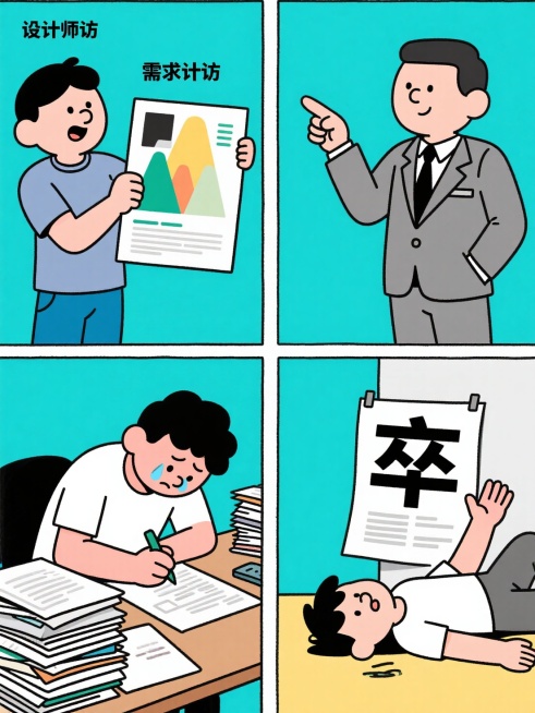 设计师精心设计了一张热销海报。结果需求方并不满意，要求修改颜色，排版等。设计师一顿修改后，需求方说，还是用回到第一版吧。设计师，卒。预览效果