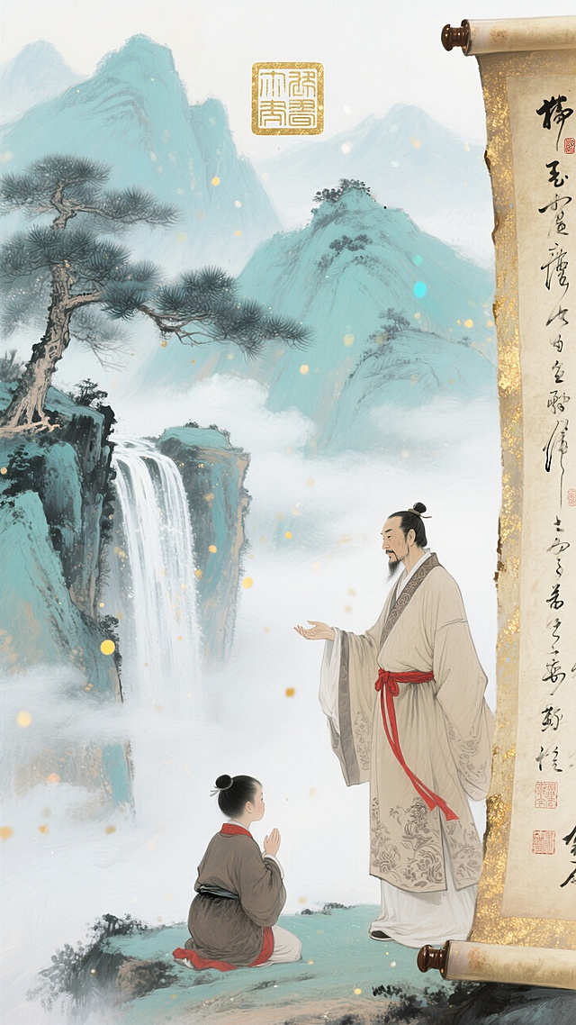 古典中式工笔风，水墨山水背景，超现实主义手法展现师徒对话，意境深远。