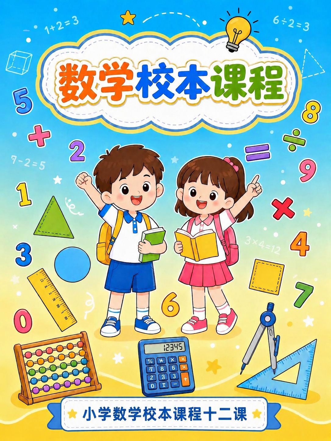 将图片底部蓝色横幅中的文字'小学数学校本课程十五课'修改为'小… - 图片创意预览