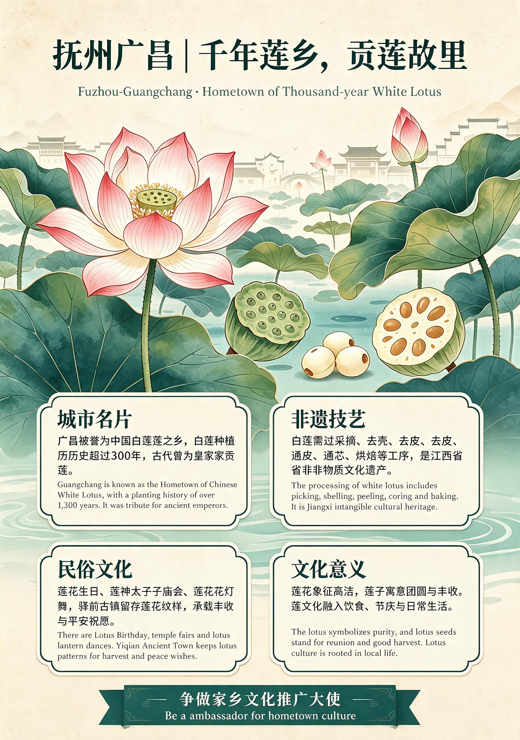 重新设计这张抚州广昌白莲文化海报，保持中国传统水彩国画风格和整… - 图片创意预览