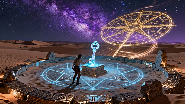 An archaeologist places a crystal key into an altar within an ancient alien stone circle on a desert planet. The entire structure activates, projecting a massive, intricate holographic star map that intertwines with the real night sky above, revealing a forgotten path. Archeological sci-fi, sacred geometry, glowing ancient technology, dramatic, art by Roger Dean and concept art for Horizon game. --ar 16:9