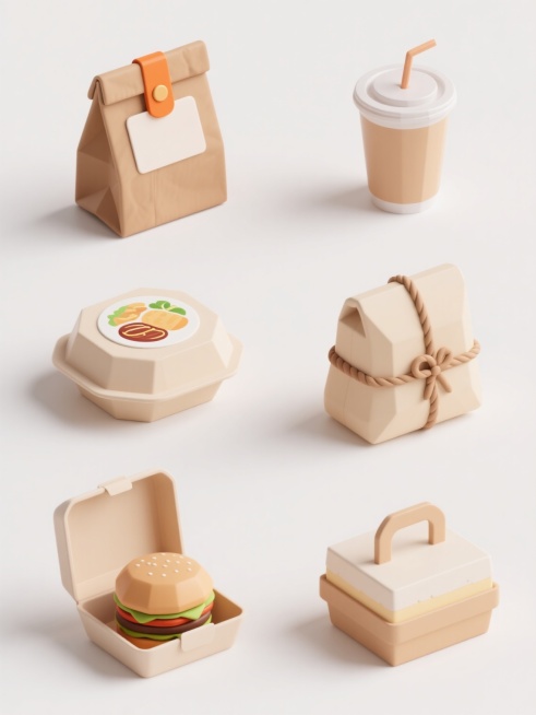 白色背景上，六个不同外卖元素的3D渲染图标以规整网格排布，保持统一的低多边形简约风格，柔和的哑光质感，温暖的米色主色调，简洁的线条和圆润的边角处理，每个图标均为外卖相关物品：第一个是带有橙色卡扣和空白标签的棕色纸质外卖袋，第二个是印有食物图案的圆形外卖餐盒，第三个是带有吸管的塑料饮料杯，第四个是系着绳结的保温外卖包，第五个是打开盒盖露出汉堡的快餐盒，第六个是带有提手的方形蛋糕外卖盒，整体构图平……预览效果