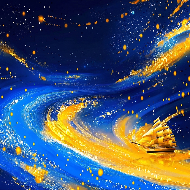 参考原图风格，重新生成画面内容，去掉图中所有文字，保留蓝金渐变漩涡星空质感，保留金色帆船元素，保持蓝底金箔流沙的视觉效果，整体风格和构图和原图一致