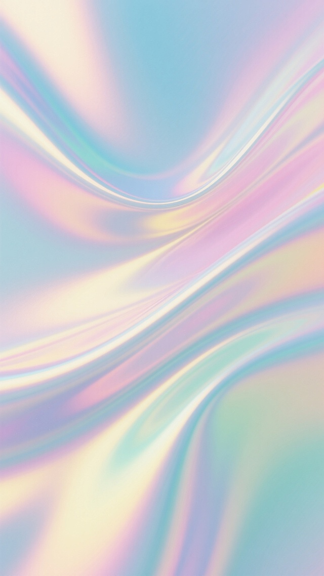 一幅具有流动感的镭射光泽背景，整体呈现柔和的渐变色彩，融合了淡蓝色、淡粉色、淡黄色和淡绿色等多种马卡龙色调，色彩过渡自然平滑，如同丝绸般细腻的光泽质感，光线从左上角斜射而下，在背景上形成明亮的高光区域和柔和的阴影，营造出梦幻、轻盈且充满活力的氛围，没有任何文字或图案元素，只有纯粹的色彩流动与光泽变化。