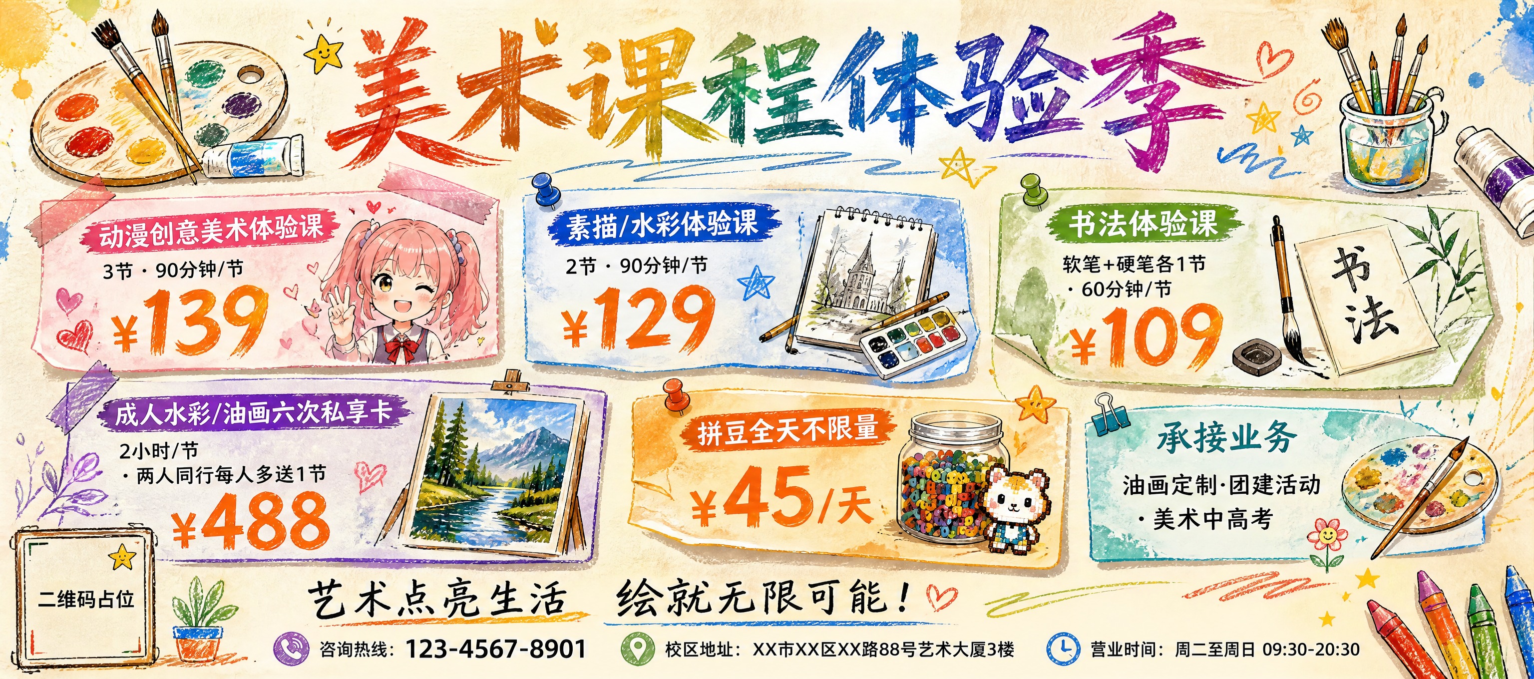 重新设计横版美术课程招生海报，完全摒弃白色圆角卡片样式，改用全… - 图片创意预览