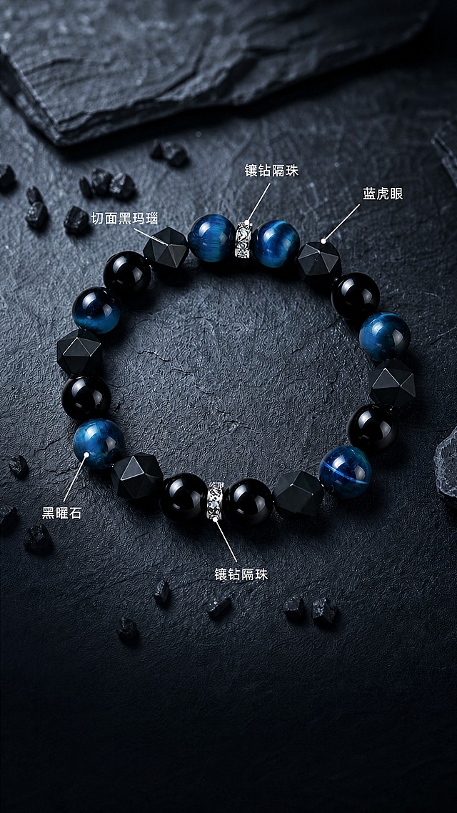 基于【图1】男士手串平铺图，去除底部的大标题和三列图标文案（"整串细节 一览无余"及下方光泽莹润、切面立体、镶钻隔珠全部去掉）。参考【图2】的引线标注方式，用细白线+文字标签从手串各珠子引出标注材质名称：蓝虎眼珠子标注"蓝虎眼"，黑曜石圆珠标注"黑曜石"，磨砂切面黑玛瑙珠标注"切面黑玛瑙"，银色镶钻隔珠标注"镶钻隔珠"。标注文字为白色简洁字体，分布在手串周围空白处，引线清晰不杂乱。保留手串主体和深色岩石背景及散落小石子不变，整体保持高级冷暗色系商业摄影质感，明亮度适中不过于黑暗。