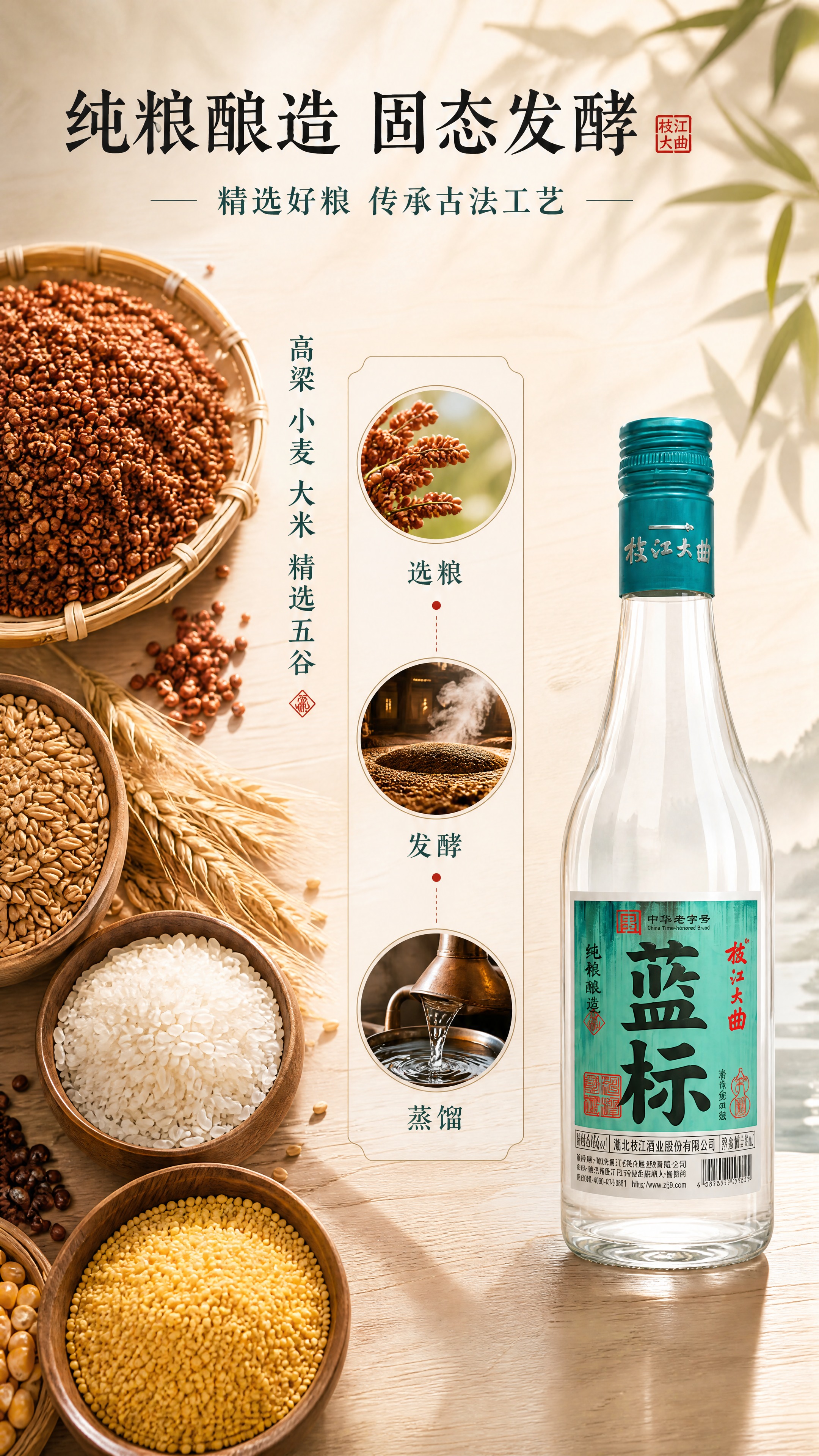 [商品] 使用【图1】枝江大曲蓝标白酒瓶；保留透明玻璃瓶身、青… - 图片创意预览
