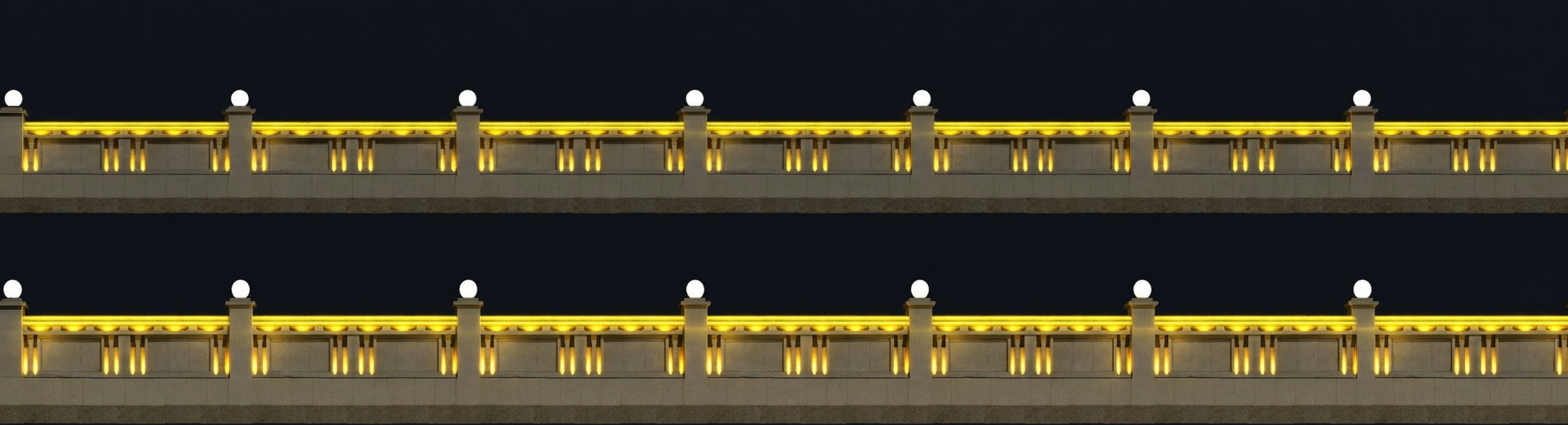 把图2的灯光位置设置到图一上，要亮化效果，保持原建筑不变保留图一栏杆结构，添加图二灯光效果预览效果