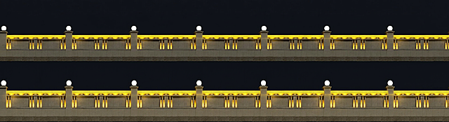 把图2的灯光位置设置到图一上，要亮化效果，保持原建筑不变保留图一栏杆结构，添加图二灯光效果