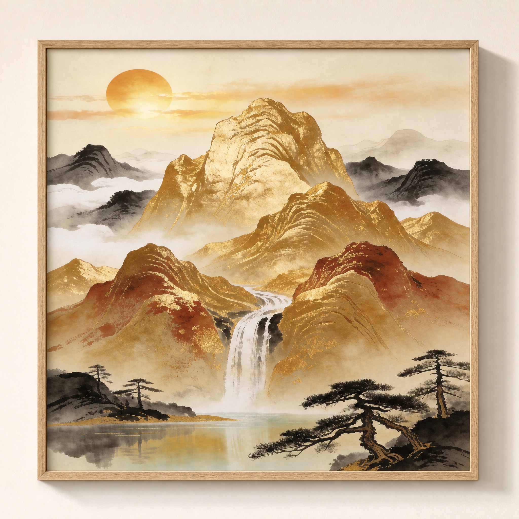 为这张新中式山水画芯添加原木色画框：1. 画框为原木色（自然浅… - 图片创意预览