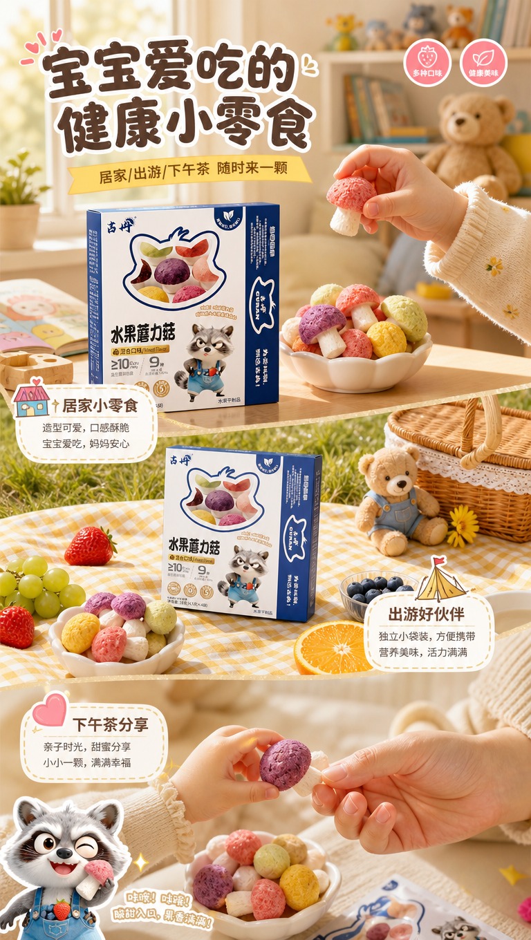 [商品] 使用【图2】古冉水果蘑力菇产品包装盒与【图4】多色蘑… - 图片创意预览