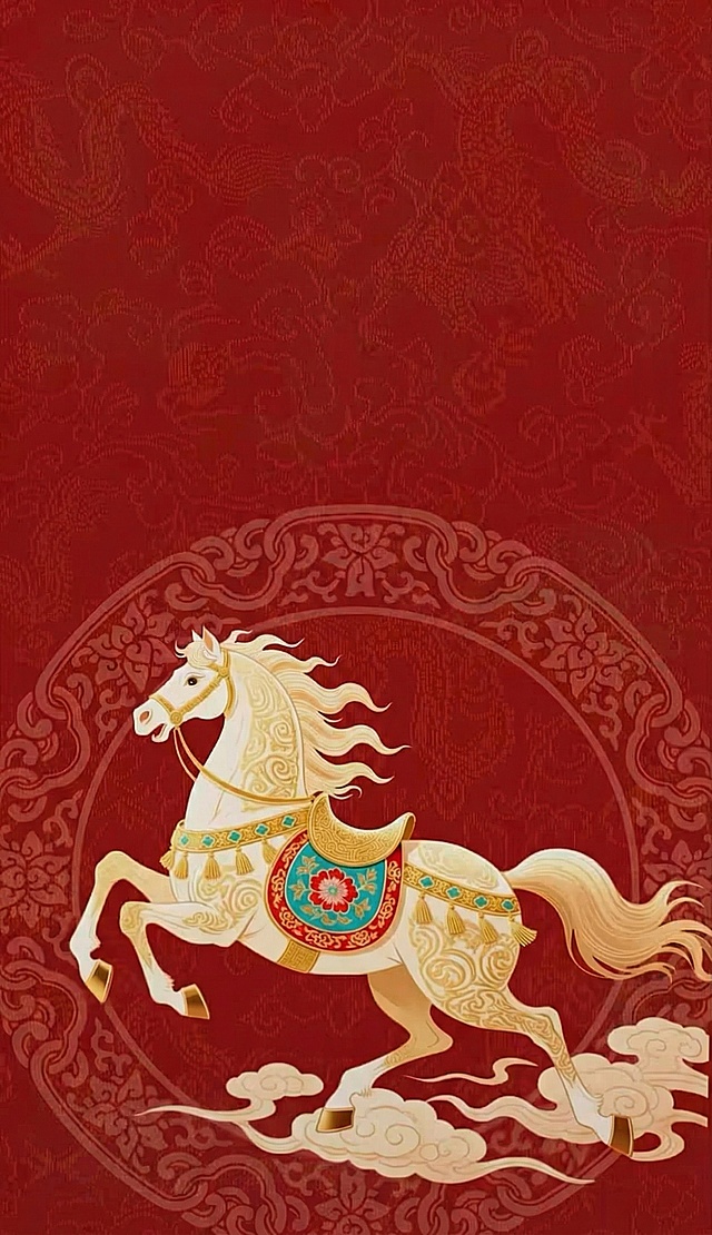 删除图片中的所有文字，保留红色底纹、花纹、白马和祥云的背景画面