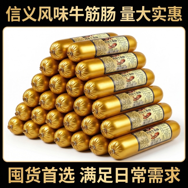 我的产品是牛筋肠，帮我做10张主图产品堆积起来突出产品多预览效果