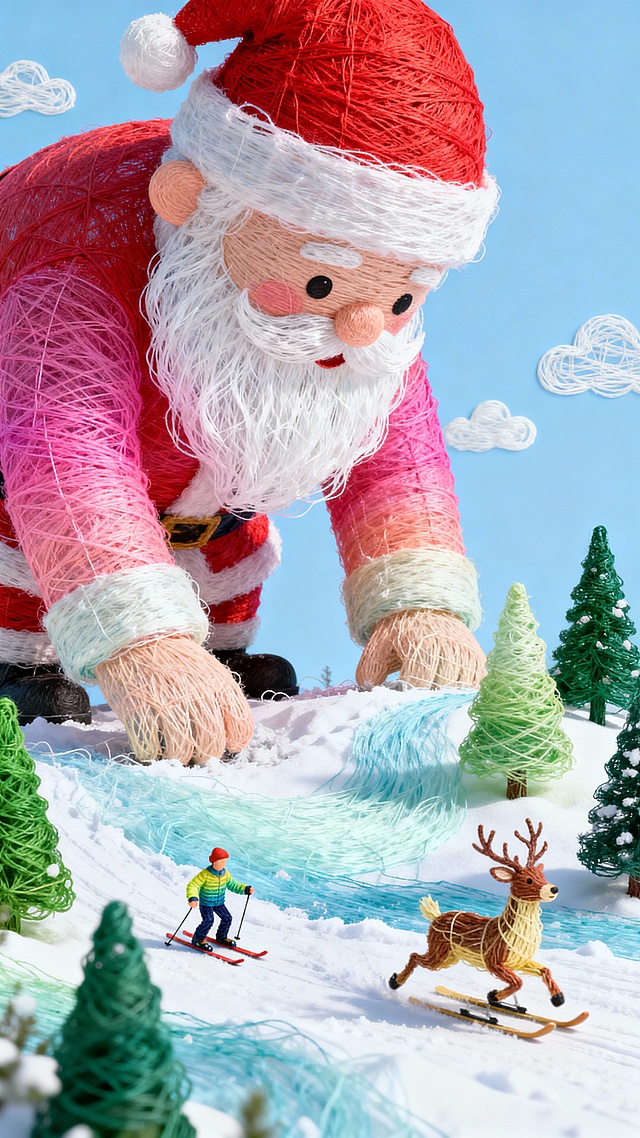 一只巨大的圣诞老人低头刨着一个微缩滑雪场，滑雪场上有松树，圣诞树，地面上有小人在雪地上滑雪，还有一头驯鹿在奔跑，蓝天背景，俯视构图，动感，画面具有故事感，孟菲斯配色