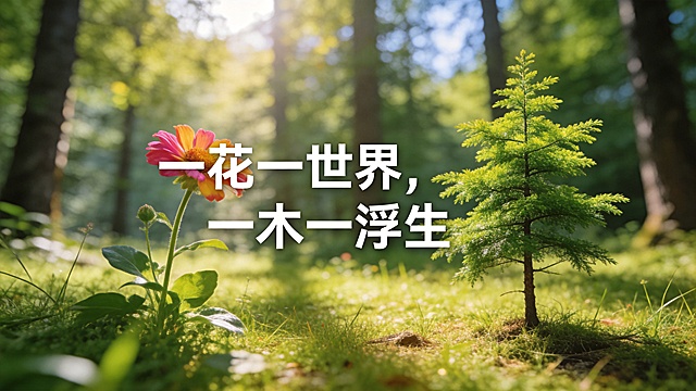 换个场景，场景太暗，把“一花一世界，一木一浮生”这句话放到画面中间