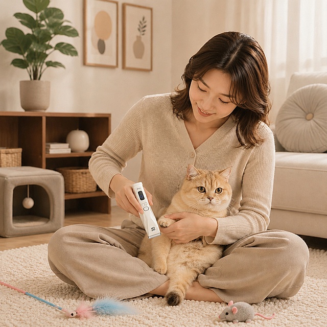 反转宠物推子的方向，让刀头朝向猫咪爪子，保持整体画面、人物、猫咪、背景场景所有元素不变，只调整推子方向，保留产品logo和所有细节文字，4K分辨率，1:1比例