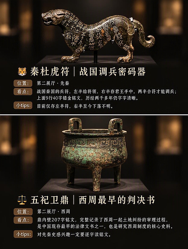 参考第三张文物拼图的版式风格和排版设计，将文物替换为秦杜虎符和五祀卫鼎，制作成3:4竖版上下两格拼图。保持完全相同的排版结构、字体风格、标签样式和深色背景。上半部分放置秦杜虎符图片，下方配文字标题"🐯 秦杜虎符 | 战国调兵密码器"，以及三行标签：位置：第二展厅·先秦；看点：战国秦国的兵符，左半给将领，右半存君王手中，两半合符才能调兵；上面9行40字错金铭文，历经两千多年仍字字清晰；小tips：目前仅存左半符，右半至今下落不明。下半部分放置五祀卫鼎图片，下方配文字标题"⚖️ 五祀卫鼎 | 西周最早的判决书"，以及三行标签：位置：第二展厅·西周；看点：鼎内壁207字铭文，完整记录了西周一起土地纠纷的审理过程，是中国现存最早的法律文书之一，也是研究西周制度的核心史料；小tips：对先秦史感兴趣一定要逐字读铭文。两格之间有细白边分隔，整体博物馆文物科普风格，排版与参考图一致，高清无水印。