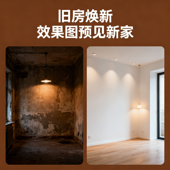淘宝效果图制作店面图，聚焦旧房改造效果图，画面展示旧房改造前后的效果图对比，左侧是老旧昏暗的房间，右侧是明亮温馨的改造后空间，配文"旧房焕新 效果图预见新家"，温暖治愈风格，暖棕色调预览效果