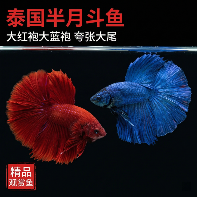 [主图 1] 产品首图展示；泰国斗鱼半月大红袍和大蓝袍一对，保留两条鱼原有外观和夸张大尾巴，将两条鱼合成到一张干净水族场景图片中；[氛围/风格]高清水族摄影，自然柔和光影，通透干净质感；[画面元素]两预览效果
