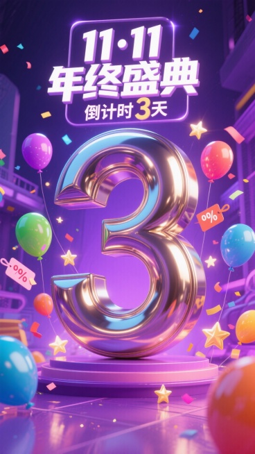 金属艺术字体设计“11·11年终盛典 倒计时3天”中的“3”要大突出，成为画面主体，金属质感，紫色背景，活动氛围，促销元素包围预览效果