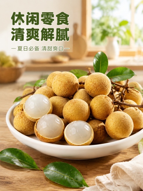 [第4屏] 日常场景种草屏-储良龙眼装盘食用场景展示。本屏使用【图1】切块果肉作为食材元素。
[氛围/风格] 温馨居家氛围感，新鲜自然食欲感，真实日常场景。
[元素布局] 白色陶瓷果盘放置在原木餐桌上预览效果