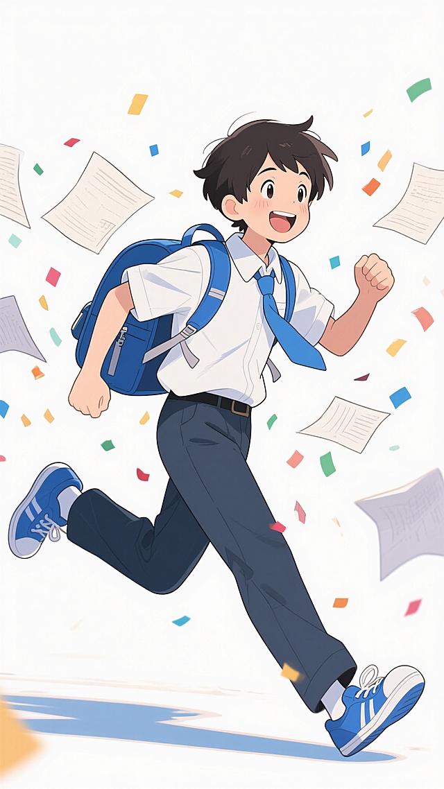 日系二次元风格插画，明亮清新的色彩基调，一个穿着白色衬衫和蓝色领带、深色长裤、蓝色运动鞋的少年学生，背着蓝色书包，面带灿烂笑容奔跑着，手中和周围飞舞着许多纸张和彩色纸屑，动态感十足，线条流畅，扁平化设计风格，充满青春活力与朝气，背景简洁，突出主体人物欢快的情绪和学生身份。