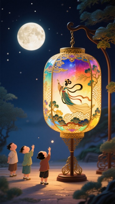 一幅夜景，一盏精美的传统针刺片灯彩是主角，灯光温暖。灯壁上用细针刻出嫦娥奔月的故事轮廓光从针孔中透出，如梦似幻。灯光照亮了周围，几个孩童在灯下仰望空中明月，月光与灯光交融，温馨静谧，展现了传统灯彩的玲预览效果