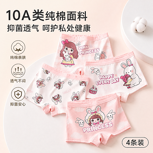 参考第二张图的设计排版风格、格式和布局，将第一张图中的儿童内裤作为主体，保留图1产品中的所有图案和文字，添加文案"10A类纯棉面料 抑菌透气 呵护私处健康"，在画面右下角添加椭圆形方框，方框内容为"4条装"，生成1:1比例的电商产品主图，使用不同种类的干净浅色背景