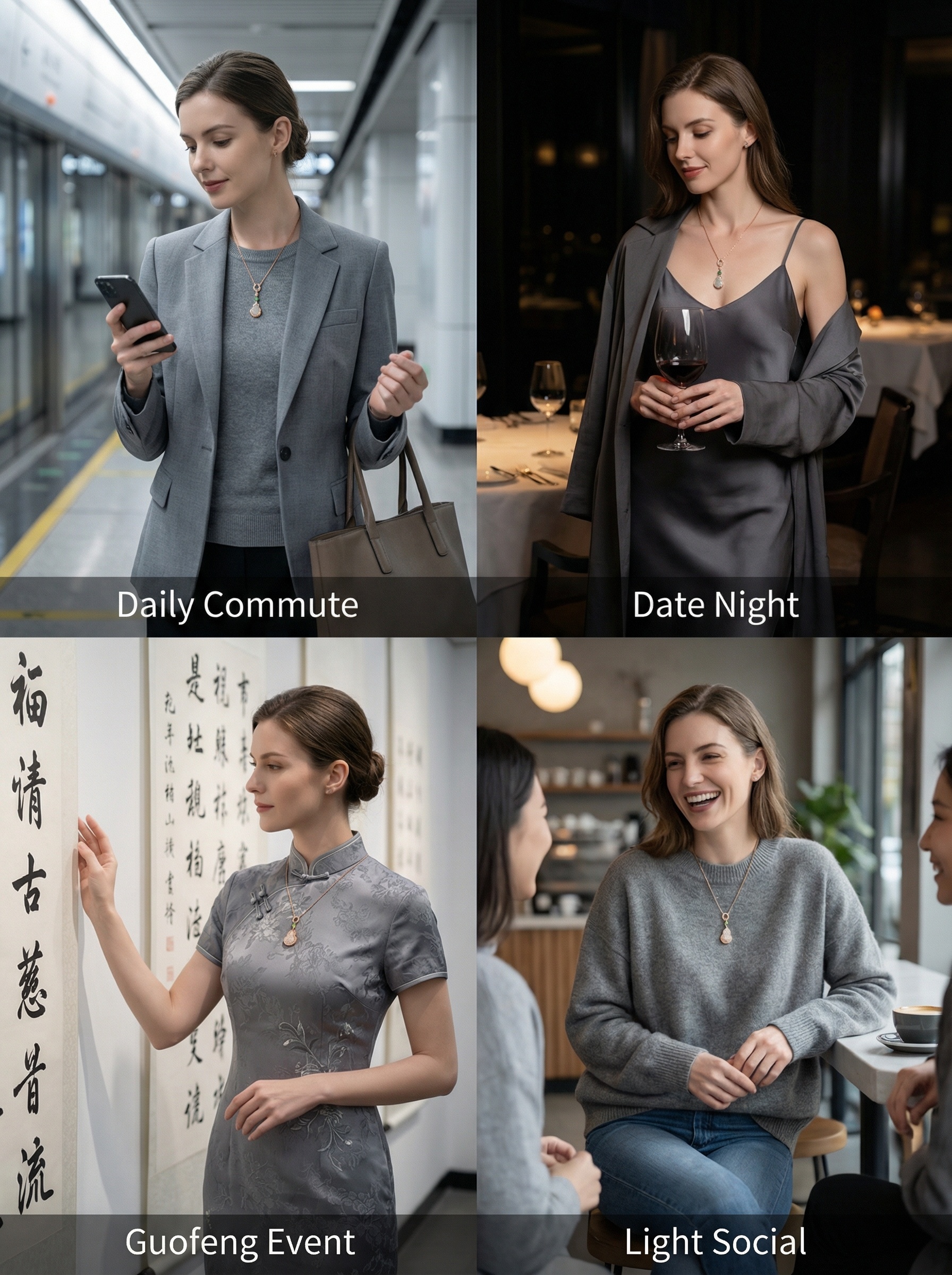 TK美区电商场景佩戴图，3:4比例，统一高级冷灰调，展示白人女… - 图片创意预览