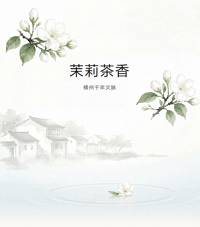 调整茉莉花枝条，改成茉莉花短枝形态，替换原有长桃花枝，保留整体水墨风格、文字“茉莉茶香 横州千年文脉”以及水乡背景和水面涟漪，保持构图协调