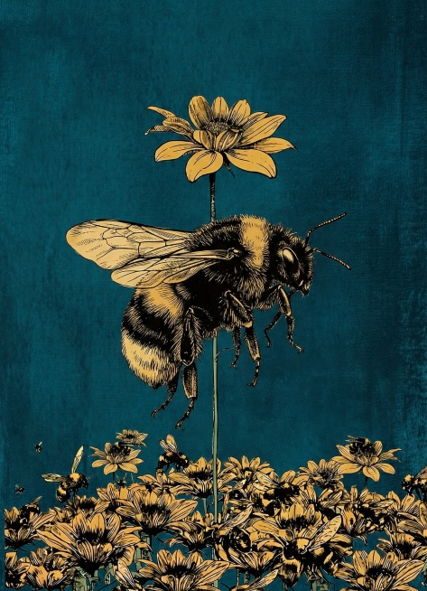 将图片中间花朵上的蜜蜂替换为风格和色调一致，细节更丰富细腻的蜜蜂预览效果