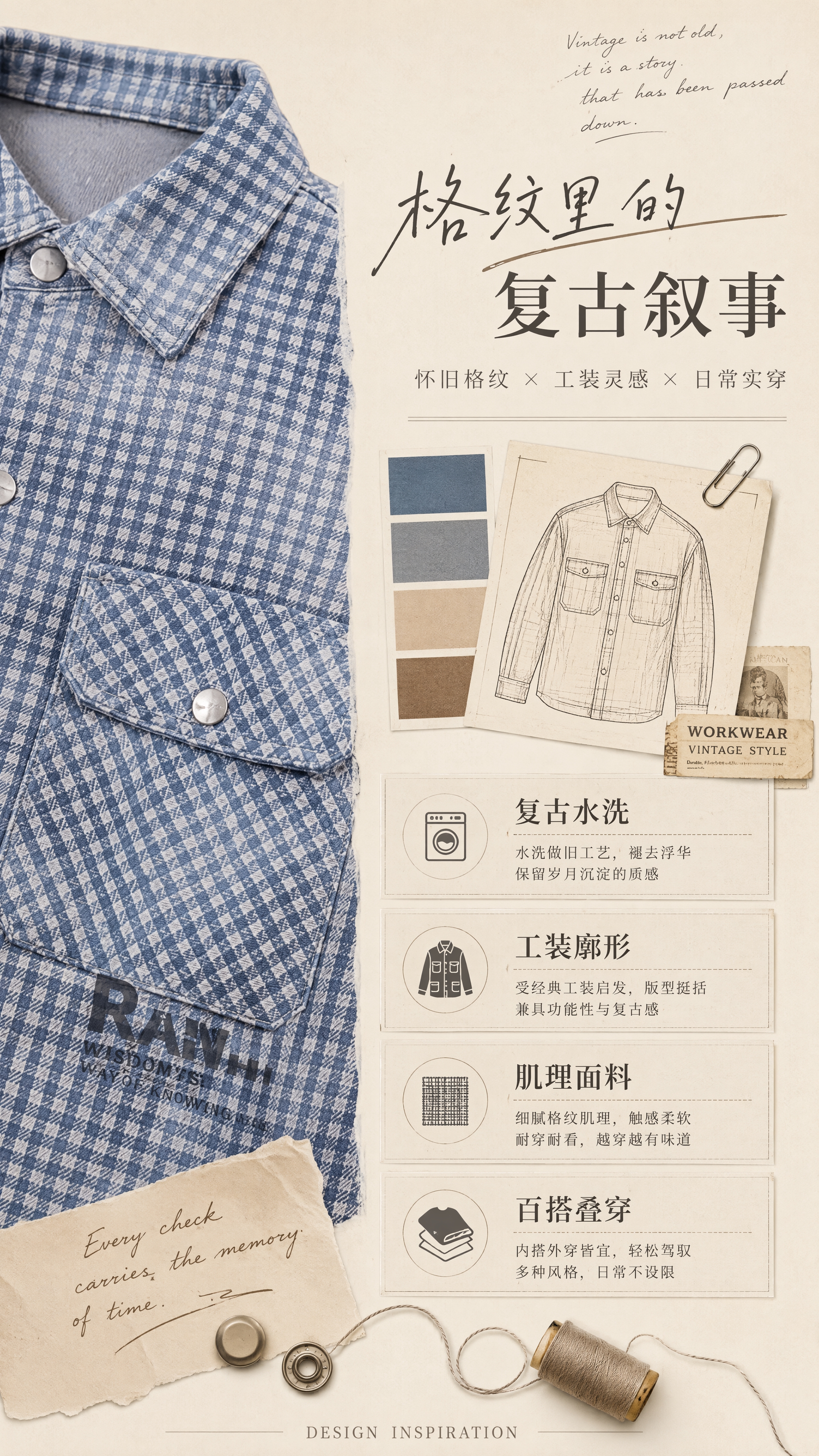 [第2张] 详情页设计理念页-复古格纹灵感与风格关键词。本张使… - 图片创意预览