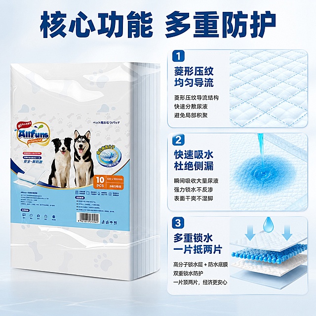 [主图-2] 核心功能卖点展示，突出吸水锁水核心优势。
[氛围风格] 专业功能展示风，清晰直观。
[画质] 商业摄影质感，光线柔和通透，产品清晰真实，画面干净高级。
[元素] 左侧放产品包装，右侧做三个功能展示区。第一个区域放大展示菱形压纹导流结构特写，标注核心设计；第二个区域展示吸水效果，快速锁水不扩散；第三个区域展示多层锁水结构，突出一片抵两片优势。保持产品外观与输入产品图绝对一致，杜绝任何变形和色差。画面满屏无边框，功能区用圆角卡片区分，层次清晰。
[光影] 均匀布光，每个功能区域清晰明亮，无暗角，对比自然。
[配色] 主色调浅蓝白色系，功能区用浅蓝描边区分，文字深蓝色。
[视角构图] 产品左半侧，功能展示右半侧，左右分区，产品清晰不裁切，信息层级分明。
[文字版式] 顶部大字标题"核心功能 多重防护"，深蓝色粗体；每个功能卡片左上角标注编号，配短文案：1菱形压纹 均匀导流，2快速吸水 杜绝侧漏，3多重锁水 一片抵两片，文字清晰，字号对比明显。
[比例分辨率] 1:1比例，4k分辨率；文字清晰锐利，画面超高清。
[负向提示词] 变形，文字错乱，产品图模糊，背景杂乱，水印，电商平台Logo