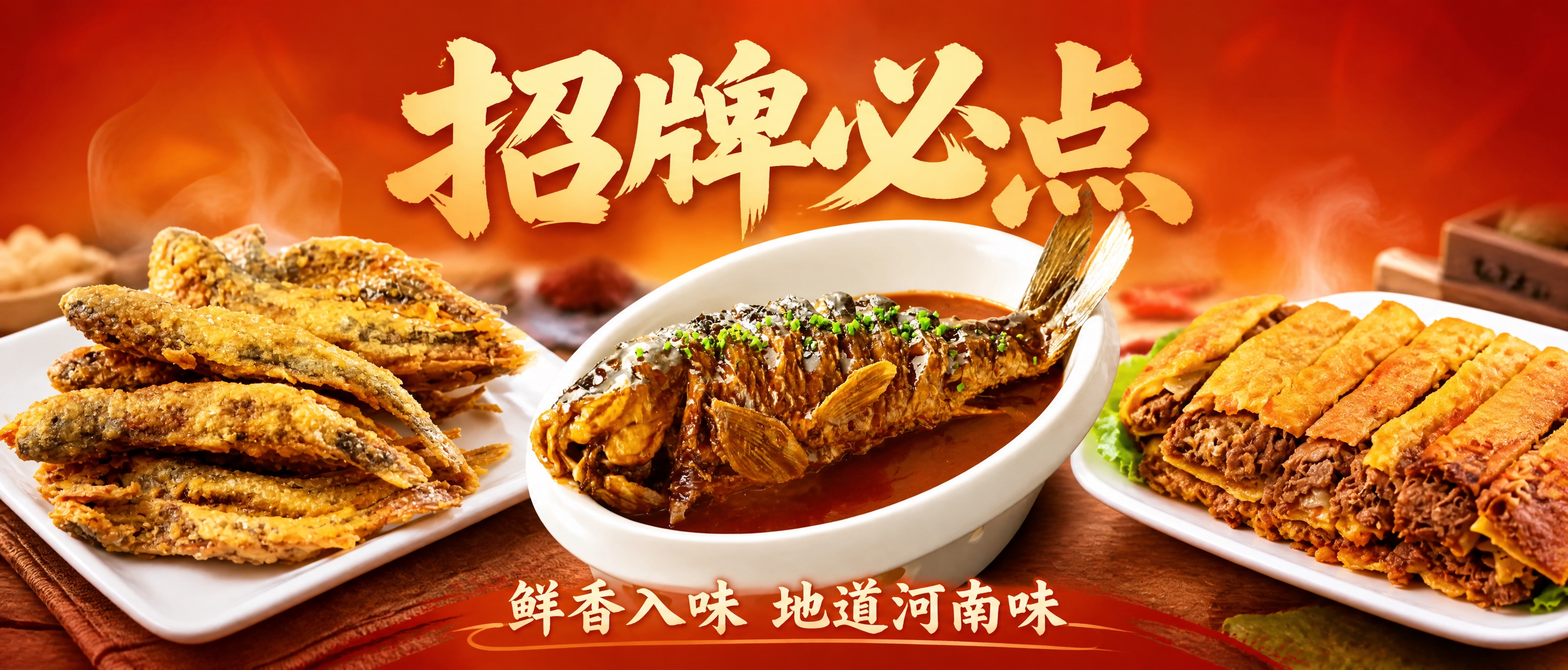 外卖店铺海报设计，超宽横版，三道河南招牌菜横向排列展示：左侧干… - 图片创意预览