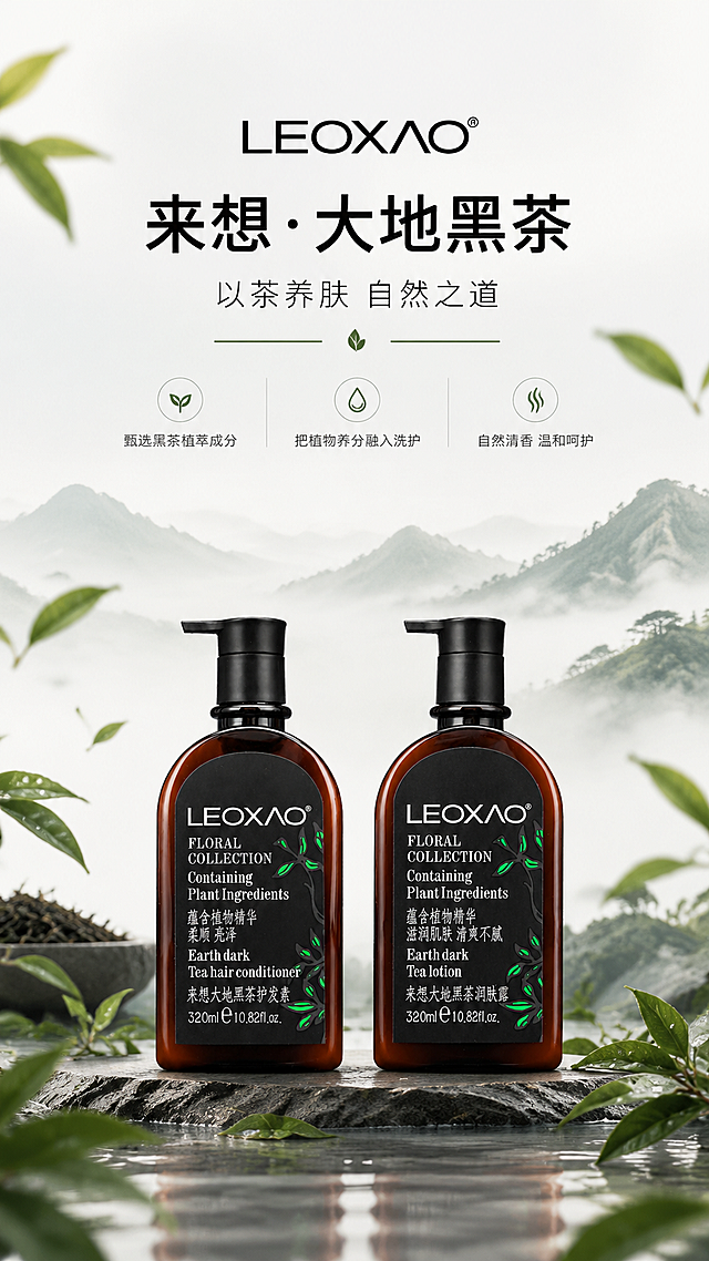 [商品] 使用【图1】护发素、【图5】润肤露两款棕瓶产品作为品牌调性代表；保留瓶身结构、颜色、Logo、标签文字；产品位于画面下方，呈对称摆放。
[画面] 页面目标：品牌理念传达，强化东方茶系植萃护理的品牌调性；构图：上半部分留白意境，下半部分产品；景别：远景+产品中景；阅读动线：顶部品牌理念→中部意境画面→底部产品；前中后景：前景茶叶与枝叶漂浮、中景产品摆放、后景纯白渐变加茶山剪影意境；场景：东方极简禅意空间，搭配茶叶、水墨质感山形点缀。
[视觉] 套系策略：风格=极简高级东方茶系商业摄影；标题字=现代简约无衬线粗体；正文字=纤细无衬线体；主色=纯净白；背景延展=基于纯白做浅灰渐变、细腻哑光质感和柔和明暗层次；强调色=深茶绿，仅用于小面积图标、引线和装饰元素；标题色=纯黑；正文色=深灰；组件=细线分割、极简图标、圆角浅灰信息卡；光影=柔和顶光，营造静谧禅意氛围。
[文字] 上方主标题「来想·大地黑茶」，副标题「以茶养肤 自然之道」；中部3行品牌理念：甄选黑茶植萃成分、把植物养分融入洗护、自然清香 温和呵护；文字均为横排，居中排版，留白充足。
[规格] 图片比例9:16竖版，4K分辨率，负向提示：避免变形、错字、文字过小、产品颜色改变、瓶身文字错乱、杂乱元素、冷蓝色调。
