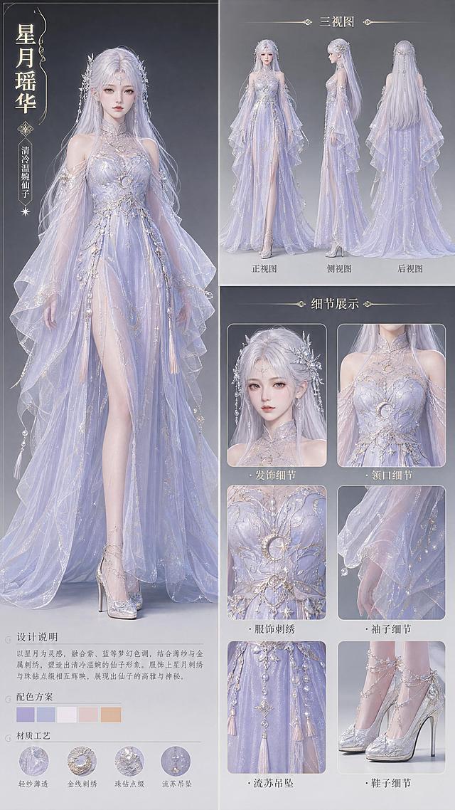 清冷温婉古风仙子，五官柔和精致，肤色白皙通透，妆容淡雅自然。银白及腰长发自然垂落，简约银质发簪，细碎珠花点缀。浅紫淡蓝露肩广袖仙裙，银线星月刺绣，透视薄纱，高领剪裁。无手持道具，银白高跟绣花鞋，银质吊坠、流苏挂饰。深灰渐变纯色背景，无多余元素，高级简约服装展示氛围。竖版作品集分栏，左侧全身立绘 + 右上角三视图 + 右下角细节特写。柔和棚拍正面光，均匀打光，薄纱发丝通透光效，无强烈阴影。浅蓝暖橙渐变，金白点缀，色调柔和高级，华贵温柔氛围。薄纱轻盈带珠光，金绣立体有金属光，珍珠水钻折射闪光，发丝根根分明，皮肤清透，裙摆褶皱自然飘逸。国风仙侠 × 游戏写实 CG，古风 MMO 角色美术 / 仙侠手游的主流角色设计风格，兼具中式仙侠的飘逸感与现代写实 CG 的精致质感。精致清晰的脸部，对称的眼睛，准确的面部解剖结构，完美的脸型，明确的面部轮廓，高度精细的眼睛，清晰的嘴唇，光滑的皮肤质感，面部结构保持一致，清晰的文字，易读的字体，可辨认的标注，整洁的排版，整齐的布局，准确的文字标签，无乱码文字，专业设计稿排版，锐利的文字边缘，大师级作品，最高品质，超高细节，8K 分辨率，锐利对焦，专业布光，完美的解剖结构，干净清晰的画面呈现，设计元素保持统一。禁止：模糊，低分辨率，低质量，变形，残缺，人物扭曲，比例失调，透视错误，文字乱码，水印，签名，多余杂物，背景杂乱，色彩溢出，过曝，过暗，颗粒感，噪点，卡通风格，手绘质感，水彩，油画，现代科技元素，枪械，肢体畸形，面部崩坏，服装崩坏，饰品崩坏，排版混乱，视角畸变，丑，畸形，丑陋，残缺，多余的手，多余的脚，画面分割，构图混乱，阴影过重，对比度过强，面部模糊，变形扭曲的脸，画崩的脸，五官粘连，不对称的眼睛，眼睛错位，变形的嘴巴，多余的眼睛，瞳孔位置错误，无脸，面部被裁切，面部出框，乱码文字，无法辨认的文字，变形的文字，破碎的字体，缺失字母，文字瑕疵，文字叠加错误，艺术家名字，标志，未对齐的布局，元素重叠，凌乱的构图，被裁切的设计元素，杂乱的背景，多余的显示面板，糟糕的人体结构，多余肢体，畸形的身体，不宜内容