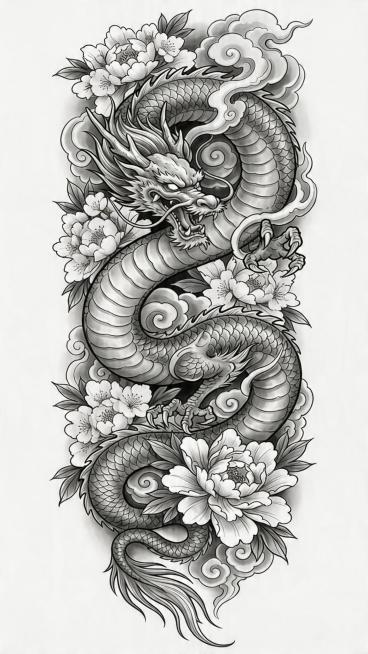 参考原图竖向构图，保留纯黑白灰纹身手稿风格，更换龙为更凶悍的老传统风格，给龙添加上完整黑色瞳孔白色眼珠，将画面中所有牡丹花替换为粉色樱花配深绿色叶片，保持日式祥云装饰，保留竖向长条构图和纯白色干净背景预览效果