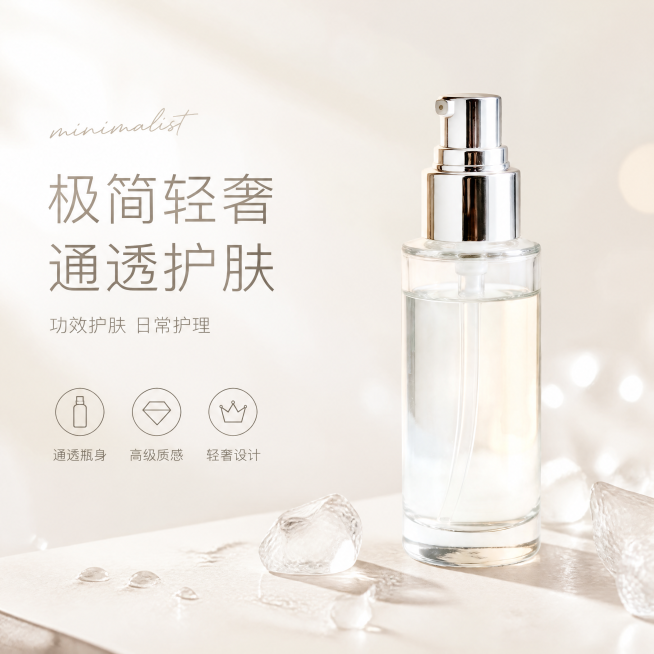 [单张主图] 功效护肤精华，高级氛围感主图，展示极简轻奢ins风格产品调性。
[画面主体] 透明玻璃喷雾瓶精华居中摆放，瓶身通透，搭配银色金属泵头，瓶内装有浅金色透明精华液体。保持产品外观（物理结构、预览效果