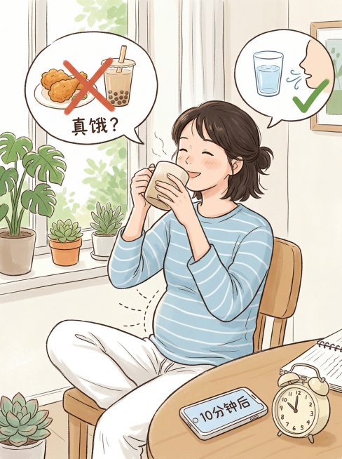 明亮的居家环境中，年轻女性穿着舒适家居服坐在窗边小桌旁，双手捧着温水仰头饮用，表情平静满足，腹部位置用柔和虚线示意腹式呼吸，吸气时肚子微微鼓起。两个对话气泡：一个气泡里有炸鸡和奶茶，打红色叉号，配文字预览效果