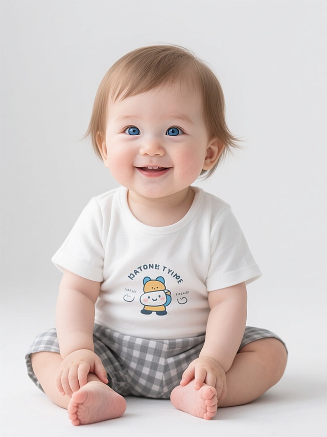 一个穿着时尚服饰的婴儿小孩，写实风格，健康的浅棕色短发，明亮清澈的蓝色眼睛，圆润的脸颊带着浅浅的微笑，穿着一件印有卡通图案和文字的白色短袖T恤，搭配灰色格子短裤，坐在白色背景前，双手放在膝盖上，姿态自然可爱，光线明亮柔和，展现出婴儿柔嫩的肌肤质感和天真无邪的表情，整体画面清晰干净，突出婴儿的装扮细节和纯真气质。