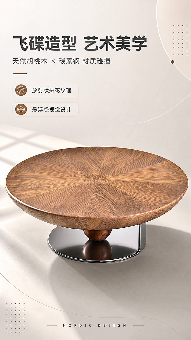 [商品] 使用【图1】DC-8850圆形茶几；保留飞碟造型、胡桃木拼花纹理、碳素钢底架、中间木球、整体比例和颜色；增强木纹拼花放射状纹理的视觉冲击力，金属底架做高光质感处理，不改变产品结构。
[画面] 目标：设计美学叙事，突出材质碰撞与造型灵感。上文下景构图，顶部1/4为文案区，下方3/4为茶几45度俯角特写；产品占画面约65%，居中展示；背景为浅灰色渐变+柔和投影，突出产品轮廓；辅以设计感线条装饰和几何元素点缀。
[视觉] 套系策略：风格=现代轻奢北欧商业摄影；标题字=现代无衬线粗体；正文字=简洁无衬线体；主色=暖米白；背景延展=基于暖米白做深浅层级、同色渐变和细腻哑光质感；强调色=胡桃木棕，仅用于小面积图标、引线和标签；标题色=深炭灰；正文色=中暖灰；组件=圆角浅底信息卡、细线引线、圆形icon；光影=左前侧暖柔光，自然窗影。
[文字] 顶部文案区：主标题"飞碟造型 艺术美学"，副标题"天然胡桃木 × 碳素钢 材质碰撞"，下方配2个设计亮点"放射状拼花纹理""悬浮感视觉设计"；底部加一行小字英文装饰"NORDIC DESIGN"。
[规格] 图片比例9:16竖版，4K，避免变形、错字、文字过小、冷蓝背景、产品颜色改变、结构失真、极限词。