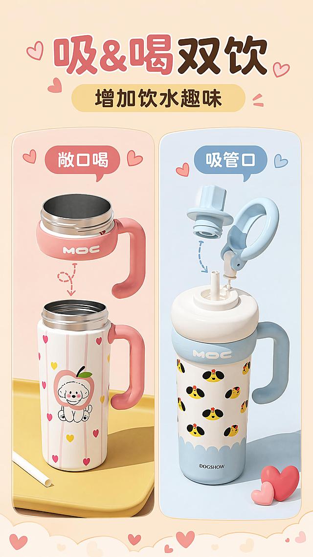 [第2屏] 核心卖点对比页，展示双饮设计带来的多样喝水体验。本屏使用【图3】展示两款产品的双饮结构。
[氛围/风格] 甜美活泼风，浅暖米色背景，清晰明亮，层次感强。
[元素布局] 左右分栏对比布局，左侧展示敞口饮用模式，右侧展示吸管饮用模式，两款产品分占两侧，保留原产品颜色和图案不变；页面上方标题区，下方点缀爱心装饰元素；产品结构、颜色、图案与输入图一致。
[光影质感] 均匀软光，产品清晰明亮，阴影柔和，细节纹理可见。
[配色色系] 全局底色 #F9EBD7，主色浅粉色、浅蓝色，辅助色暖米色，点缀红色。
[视角构图] 平视构图，左右均衡布局，阅读动线从上到下，标题到分栏对比。
[文字版式] 顶部大标题 "吸&喝双饮 增加饮水趣味"，红色气泡标注对应开口；左侧标注 "敞口喝"，右侧标注 "吸管口"，文字清晰不遮挡产品主体；圆角字体，风格活泼。
[比例分辨率] 9:16竖版比例，4K分辨率，文字清晰可辨，高清画质。
[负向提示词] 产品变形，结构错误，颜色偏差，文字错乱，文字过小，水印，背景杂乱